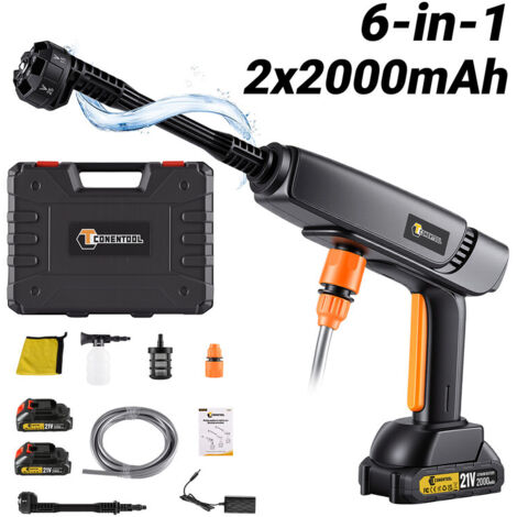 Nettoyeur Haute Pression sans Fi Max 70 Bar, débit 5L/min, Buse Multi-Fonctions 6-en-1, Nettoyeur haute pression portable Idéal pour Nettoyer la Voiture et le sol - avec Deux batteries au lithium de 2