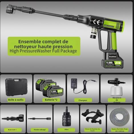 Nettoyeur Haute Pression Sans Fil 100 bar–730 PSI Kraftvoll, 21 V mit 2 Batterien, 6-in-1-Bus, ideales Auto, Terrasse und Garten