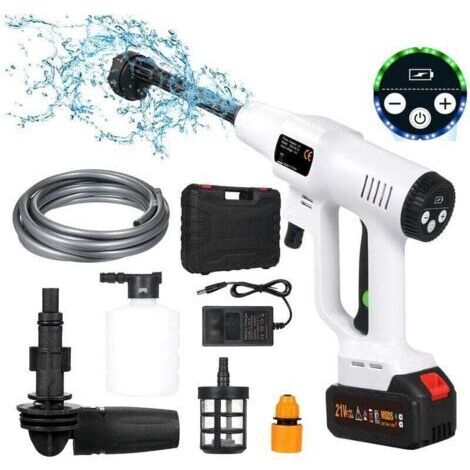 Nettoyeur Haute Pression sans Fil 21V - 6 en 1 Buse Multifonction Pistolet Haute Pression 725 PSI avec Tuyau de 5M, 1 x 1500mAh Batterie, pour Nettoyer Voitures, Sol, Les salissures Quotidienn