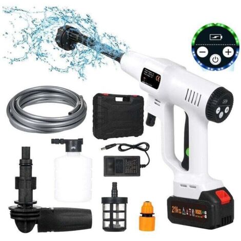 Nettoyeur Haute Pression sans Fil 21V - 6 en 1 Buse Multifonction Pistolet Haute Pression 725 PSI avec Tuyau de 5M, 1 x 1500mAh Batterie, pour Nettoyer Voitures, Sol, Les salissures Quotidienn