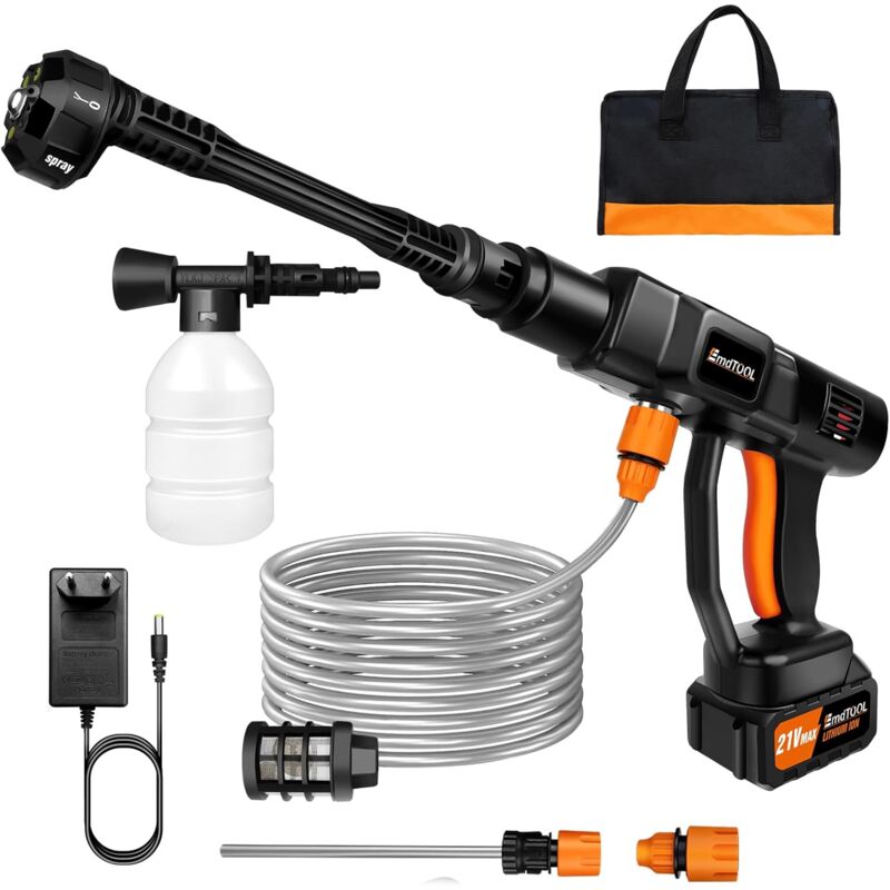 Hsha - Nettoyeur Haute Pression sans Fil 21V avec Batterie, Buses, Tuyau de 5m, Sac de Transport pour Le Nettoyage de la terrasse et de la Voiture