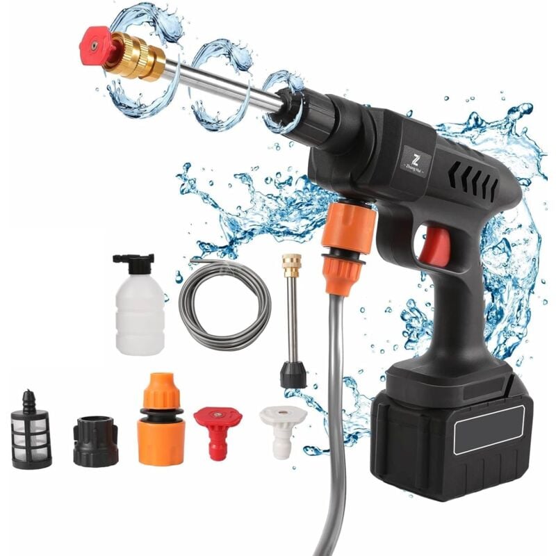 Nettoyeur Haute Pression sans Fil 60 Bar, 300W Nettoyeur Haute Pression à Batterie, Pistolet à Eau pour Lavage De Voiture avec Batteries, Tuyau 5m,