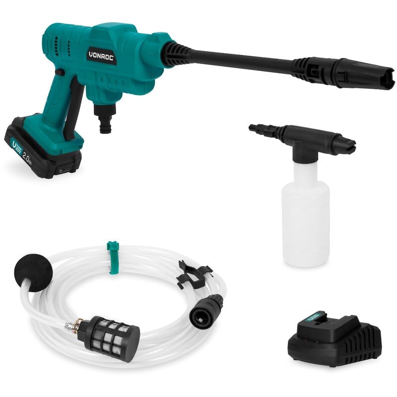 Vonroc - Nettoyeur haute pression sans fil compact 20V – 24 bars – 198 l/h - Tuyau d'aspiration de 5m, bouteille à détergent et buse réglable – 1