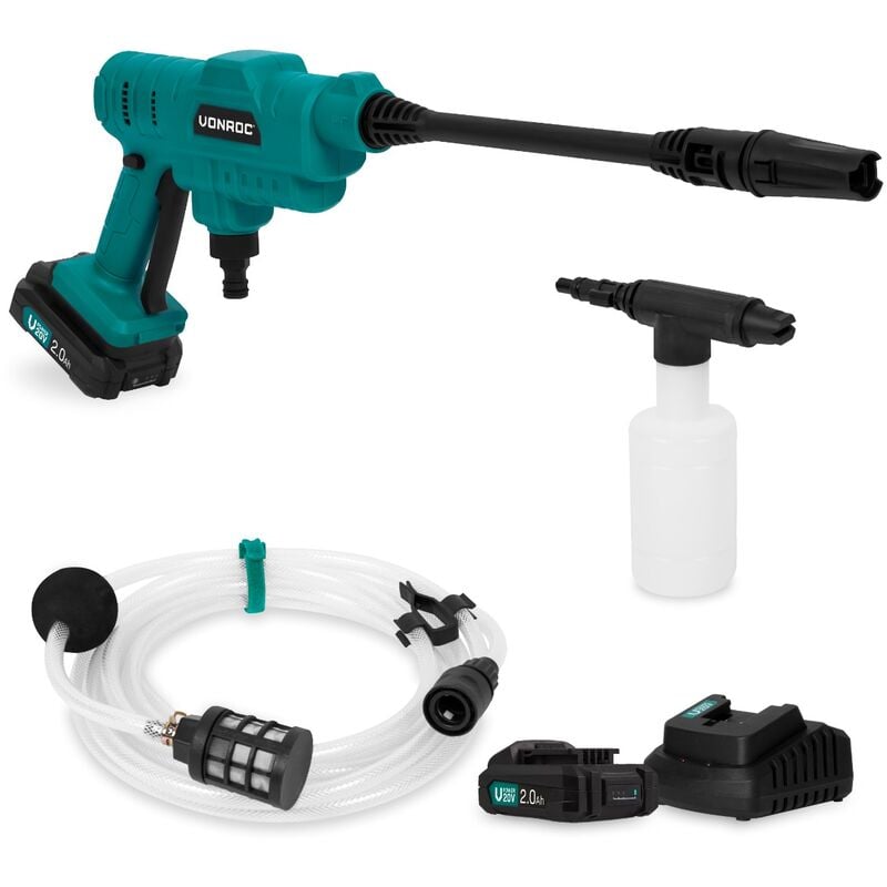 Vonroc - Nettoyeur haute pression sans fil compact 20V – 24 bars – 198 l/h - Tuyau d'aspiration de 5m, bouteille à détergent et buse réglable – 2