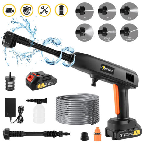 Nettoyeur Haute Pression sans Fil Max 40Bar, 580 PSI Débit Buse 6 en1 Nettoyeur, Tuyau de 5 m, 2000 mAh Batterie 21V, Idéal pour Nettoyer la Voiture et le sol, CONENTOOL