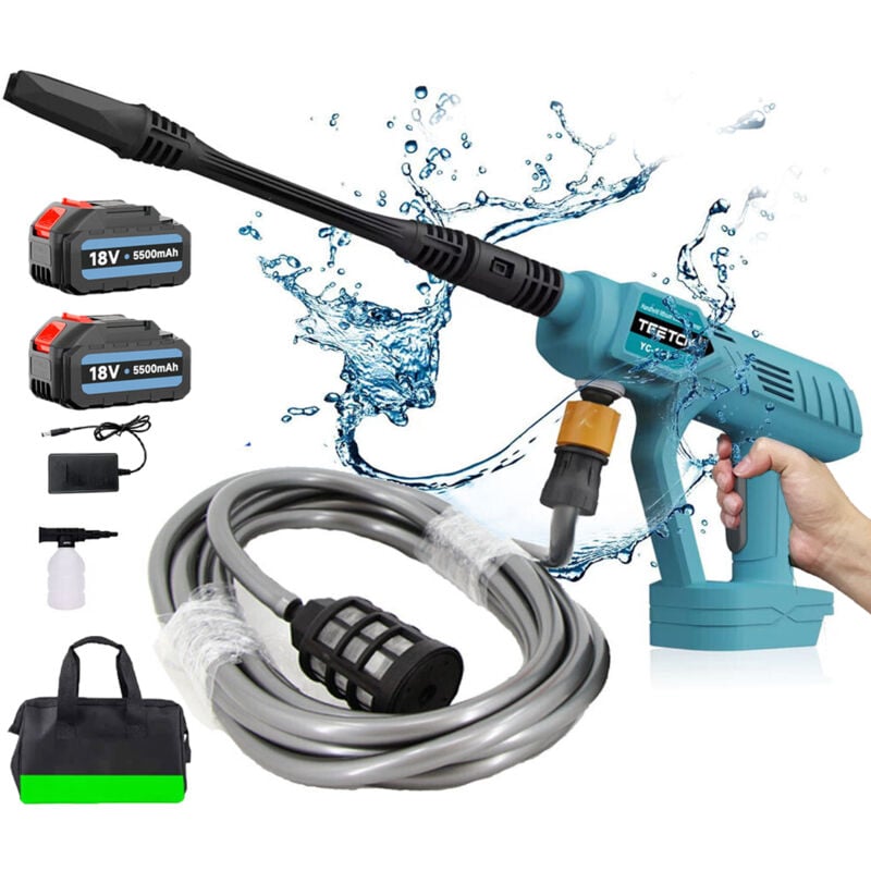 Teetok - Nettoyeur haute pression sans fil pour voiture, pistolet de lavage à l'eau sans fil ,45 Bar + 2 batteries 3000mAh+ chargeur, compatible avec