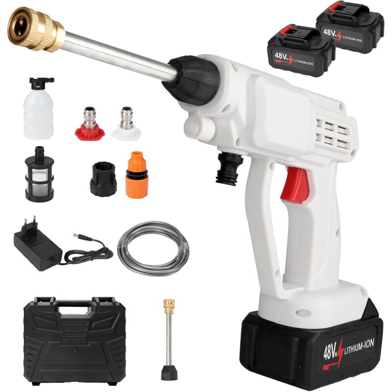Nettoyeur Haute Pression sur Batterie, Laveuse électrique sans Fil 48 V Machine à Laver Haute, Pistolet de Nettoyage Portable avec 2 Batterie, 5m