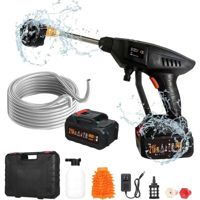 SNQ - Nettoyeur Haute Pression sur Batterie, Max 870 psi Nettoyeur Haute Pression sans Fil Portable avec Accessoires, Buse Multi-Fonctions 6-en-1,