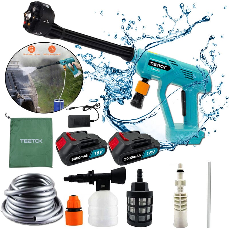 Teetok - Nettoyeur haute pression thermique, nettoyeur haute pression à batterie sans fil, jet d'eau haute pression pour voiture, buse 6 en 1, avec 2