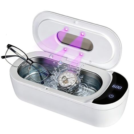 Nettoyeur Ultrasons 48 kHz, Nettoyeur Ultrason Lunettes 400ml avec 2 Réglages de Temps, Portable UV Ultrasonic Cleaner pour Bijoux, Lunettes, Dentiers, Montres, Blanc