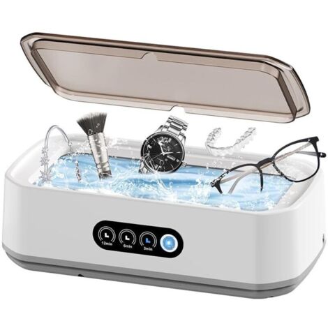 Nettoyeur Ultrasons 650ML, 49000Hz Ultrasonic Low Noise Cleaner, avec affichage LED One Touch et 3 modes de temps pour bijoux, bague, lunettes, montre, tête de rasoir, prothèses dentaires. Blanc