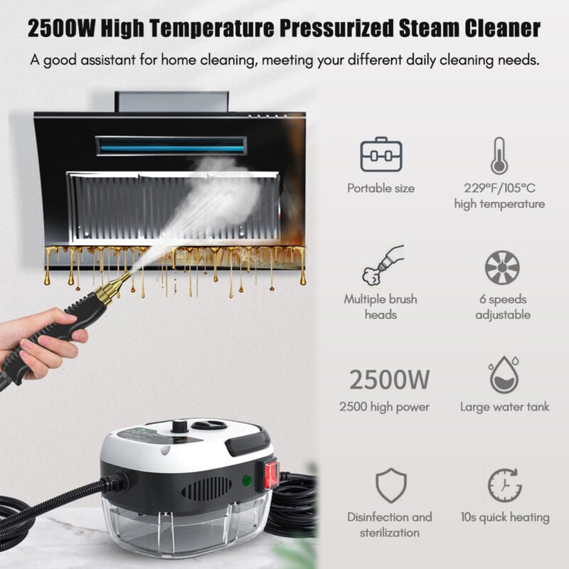 Nettoyeur vapeur haute température et haute pression 2500W, nettoyeur de hotte de cuisine, 6 niveaux réglables, Orange