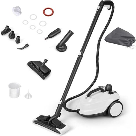 Nettoyeur Vapeur Polyvalent de 2000W avec 13 Accessoires et Manomètres, Balai Vapeur à Roulettes 5 Bars avec Réservoir de 1,8 L, Blanc