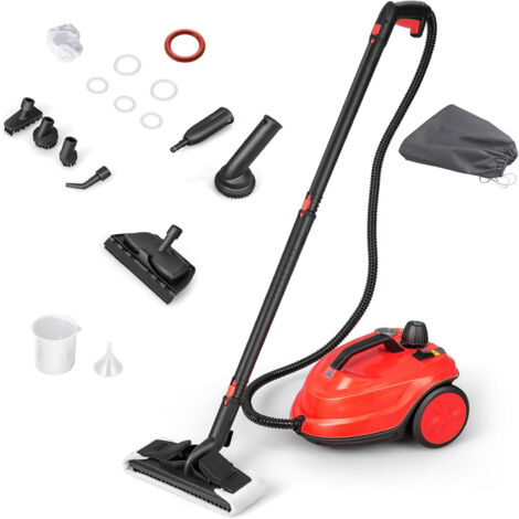 Nettoyeur Vapeur Polyvalent de 2000W avec 15 Accessoires et Manomètres, Balai Vapeur à Roulettes 5 Bars avec Réservoir de 1,8 L, Rouge