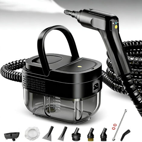 Nettoyeur vapeur portable 2500 W, multifonctionnel, stérilisation haute température, réservoir de 1600 ml, idéal pour la maison et la voiture (noir, 9 accessoires)