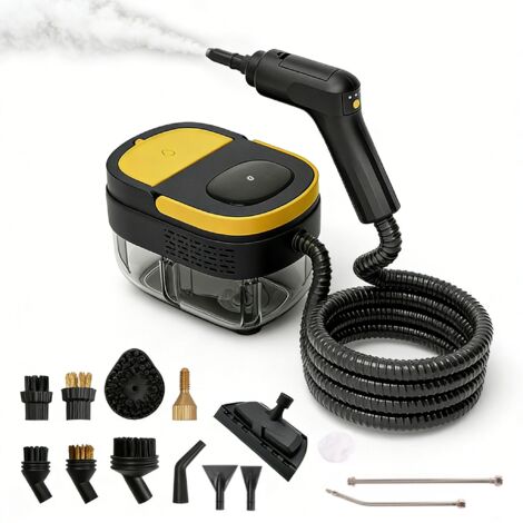 Nettoyeur vapeur portable, système anti-surchauffe intégré, chauffe rapide, têtes de brosse multifonctions(Noir et Jaune - Kit de 14 pièces)