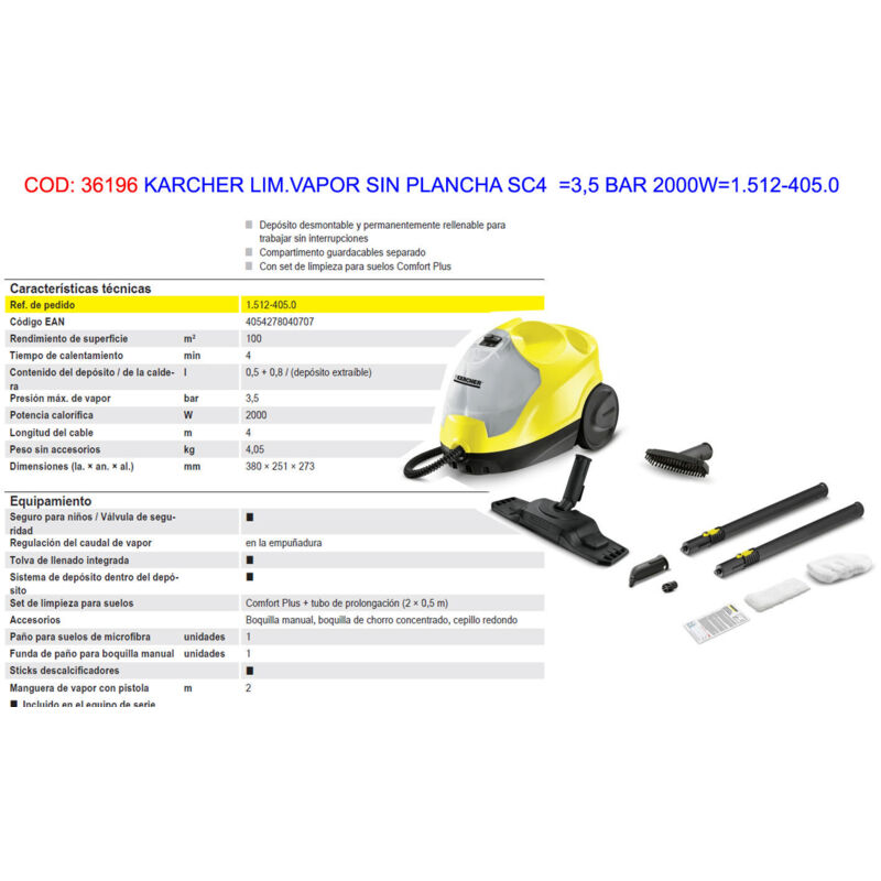 KARCHER  SC4 Nettoyeur Vapeur Sans Fer 3,5 Bar 2000W 1.512-405.0