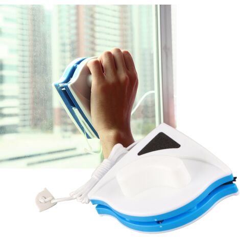 Nettoyeur Vitre Magnetique Double Face avec Brosse - Qualite Plastique Solide - Pour Fenetres Simple Vitrage 3-8mm - Blanc Bleu - Contenance Unitaire