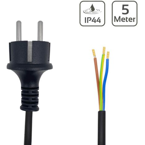 Netzkabel IP44 schwarz, 3-adrig mit Schutzkontaktstecker, 500 cm, offene Kabelenden 3-adrig
