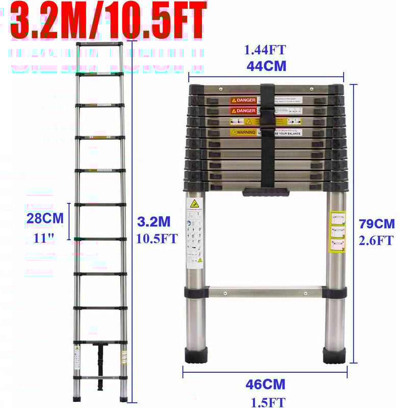 NEU 10.5FT Échelle télescopique Échelle extensible de 3,2 m, échelle pliante escabeau antidérapante, en acier inoxydable de haute qualité, échelle