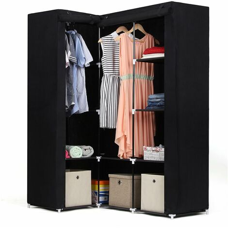 Neu Generation Eck-Kleiderschrank Faltschrank 2 Kleiderstangen Stoffschrank 129 x 169 x 87cm Schwarz LSF42H - Noir