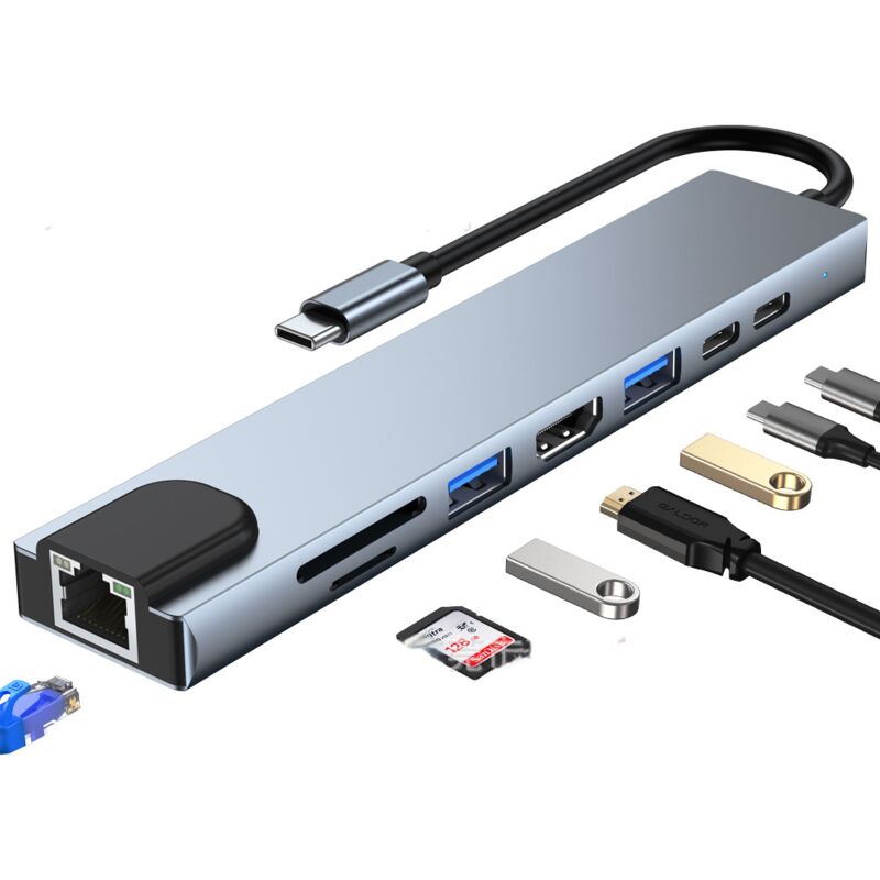 Neue Multifunktions-Dockingstation 8 in 1 USB HUB, HDMI HDMI + USB 3.0 + USB 2.0 + Pd SD + Tf + RJ4 Daten schreiben und lesen