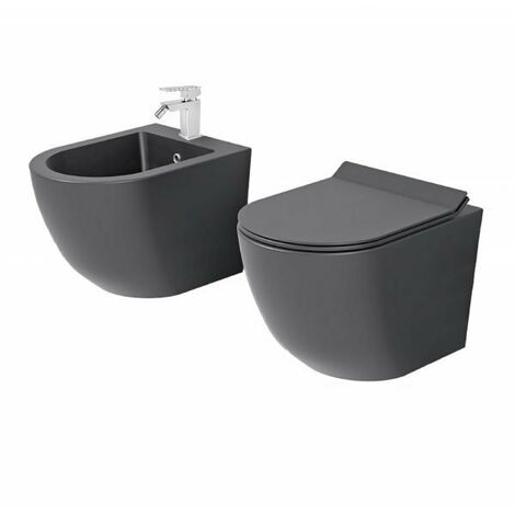 Neues Set Grau gebogener Wand-WC ohne Spülrand, MATTSCHWARZ, mit Soft-Close-Toilettensitz inklusive