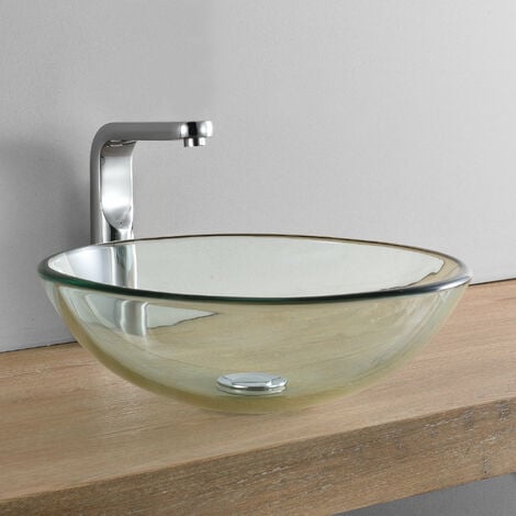 [neu.haus] Lavabo lujoso en forma redonda - (42x42cm) - Lavabo sobre encimera - cristal de seguridad - transparente