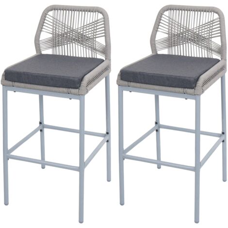 [NEUWERTIG] 2er-Set Rope-Barhocker HHG-988, Outdoor Sitzpolster Seilgeflecht Metall hellgrau, Kissen dunkelgrau