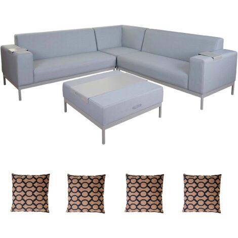 [NEUWERTIG] Alu-Garten-Garnitur HHG-495, Sofa, Outdoor Stoff/Textil blau mit Ablage, Kissen braun