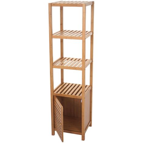 [NEUWERTIG] Badregal HHG-554, Badezimmer Badschrank Standregal mit Tür, Bambus 140x36x34cm