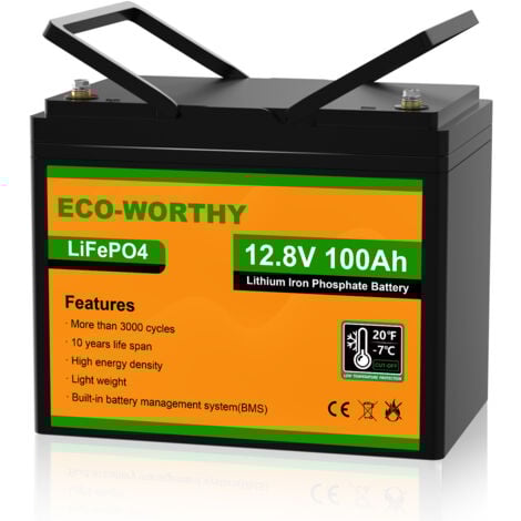 ECO-WORTHY LiFePO4 Lithium batterie 12V 100Ah Solarbatterie Akku mit über 3000+ Mal Tiefzyklen und BMS Schutz für Solar-Inselanlagen, Wohnmobil, Solarpanel und Camping