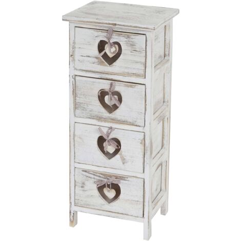 [NEUWERTIG] Kommode Sues, Schubladenkommode Schrank, 4 Schubladen mit Herzen 70x29x25cm, Shabby-Look, Vintage weiß