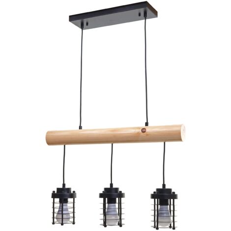 [NEUWERTIG] Pendelleuchte HHG-207, Hängelampe Hängeleuchte, Industrial Vintage Massiv-Holz Metall schwarz 3 Käfiglampenschirme
