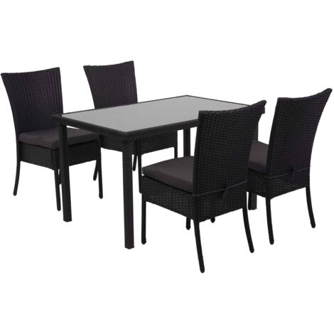 [NEUWERTIG] Poly-Rattan Garnitur HHG-951, Sitzgruppe Balkon-/Lounge-Set, 4xStuhl+Tisch, 120x75cm schwarz, Kissen dunkelgrau
