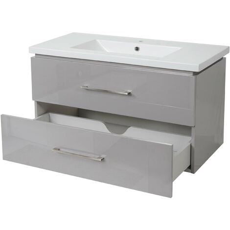 [NEUWERTIG] Premium Waschbecken + Unterschrank HHG-244, Waschbecken Waschtisch, hochglanz 90cm grau