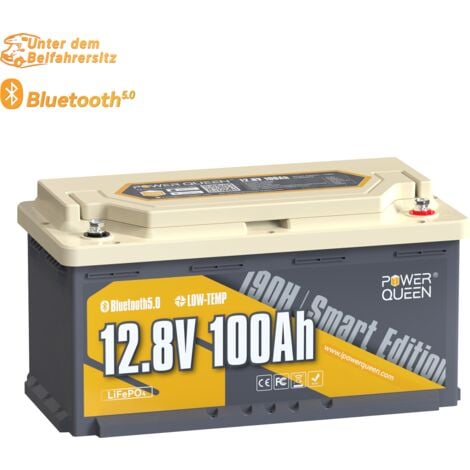 [NEUWERTIG]Power Queen 12V 100Ah Bluetooth H190 LiFePO4 Akku, 1280Wh Lithium-Eisen-Phosphat-Akku mit 100A BMS, Low-temp Schutz, Max 15000 Zyklen, perfekt für Wohnmobile, Camping, Solar Home Storage