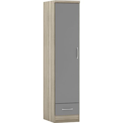 Nevada 1 Door 1 Drawer Wardrobe - L52 x W40 x H182.5 cm - Grey Gloss/Light Oak Effect Veneer