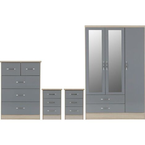 Nevada 3 Door 2 Drawer Mirrored Wardrobe Bedroom Set - Grey Gloss/Light Oak Effect Veneer