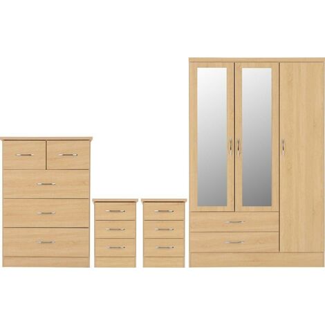 Nevada 3 Door 2 Drawer Mirrored Wardrobe Bedroom Set - Sonoma Oak Effect