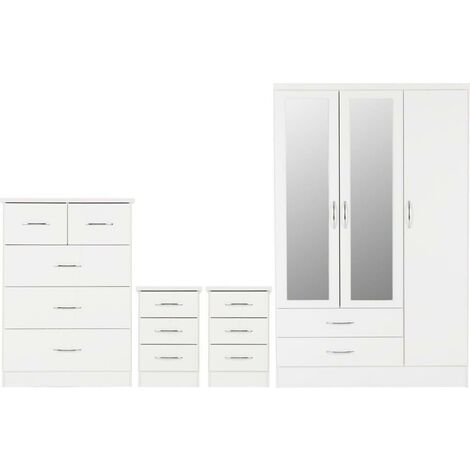 Nevada 3 Door 2 Drawer Mirrored Wardrobe Bedroom Set - White Gloss