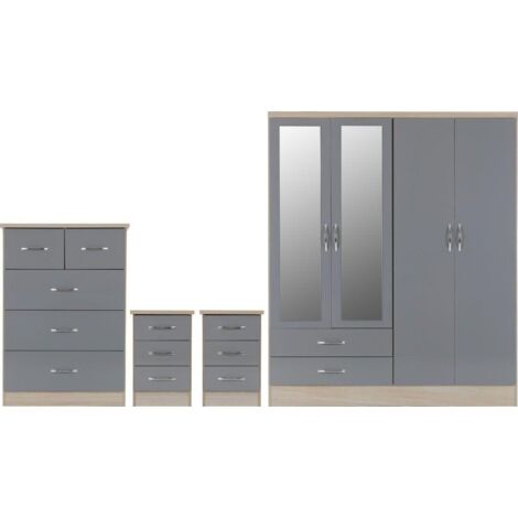 Nevada 4 Door 2 Drawer Mirrored Wardrobe Bedroom Set - Grey Gloss/Light Oak Effect Veneer