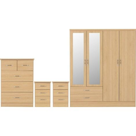 Nevada 4 Door 2 Drawer Mirrored Wardrobe Bedroom Set - Sonoma Oak Effect