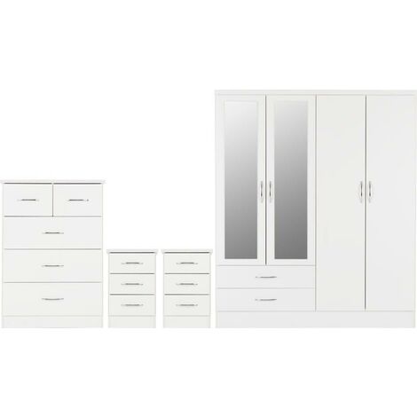 Nevada 4 Door 2 Drawer Mirrored Wardrobe Bedroom Set - White Gloss