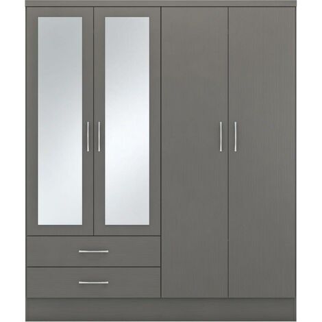 Nevada 4 Door 2 Drawer Mirrored Wardrobe - L52 x W154 x H182.5 cm - 3D Effect Grey