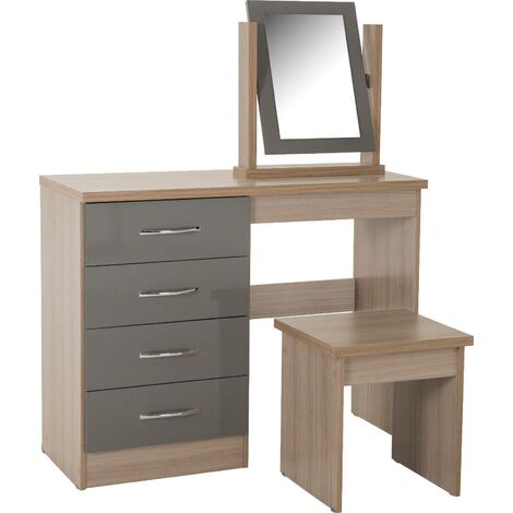 Nevada 4 Drawer Dressing Table Set - Grey Gloss/Light Oak Effect Veneer