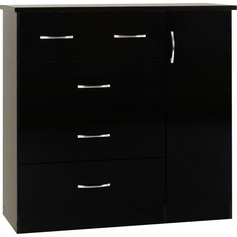 Nevada 5 Drawer 1 Door Low Wardrobe in Black Gloss Finish