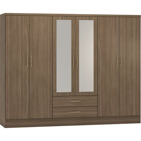 Nevada 6 Door 2 Drawer Mirrored Wardrobe - L52 x W230 x H182.5 cm - Rustic Oak Effect