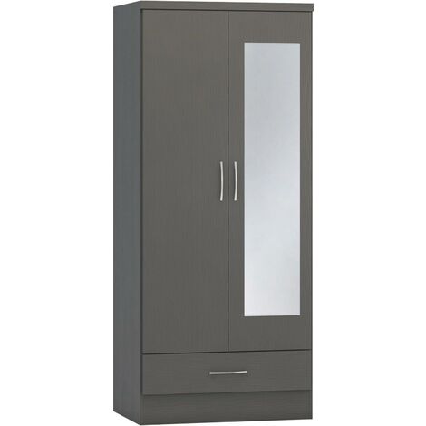 Nevada Mirrored 2 Door 1 Drawer Wardrobe - L52 x W78 x H182.5 cm - 3D Effect Grey