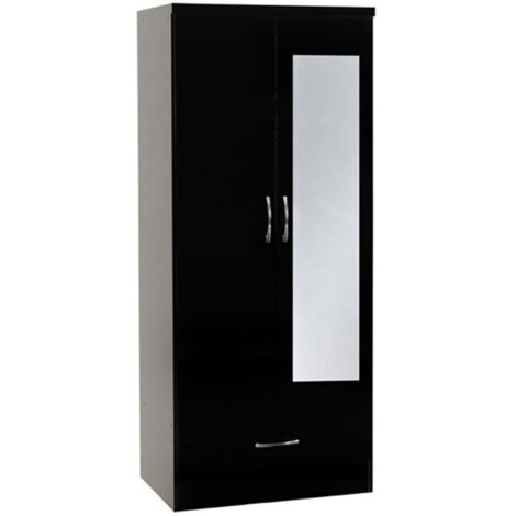 Nevada Mirrored 2 Door 1 Drawer Wardrobe - L52 x W78 x H182.5 cm - Black Gloss